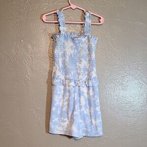 BCBG Girls Blue Tie-Dye Kids Romper Size 7/8 EUC Elastic Waist Stretch Straps
